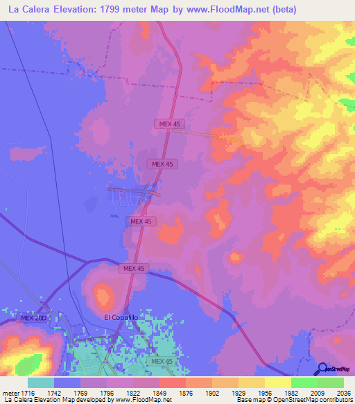 La Calera,Mexico Elevation Map