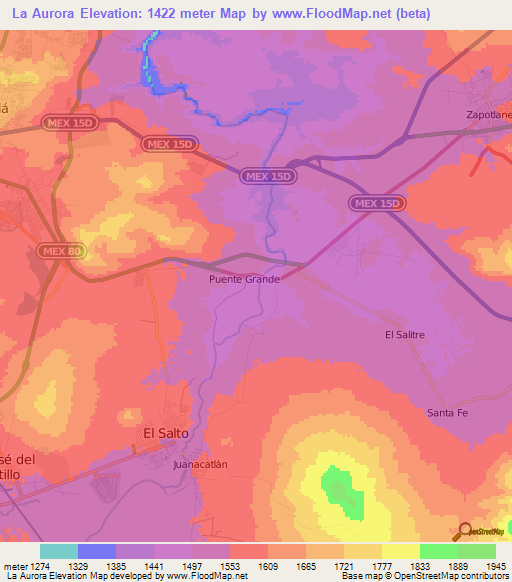 La Aurora,Mexico Elevation Map