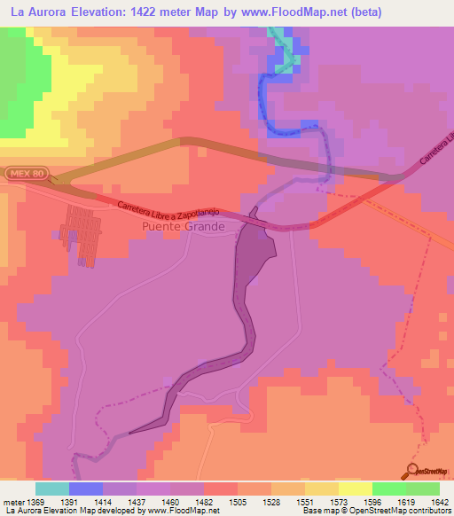 La Aurora,Mexico Elevation Map