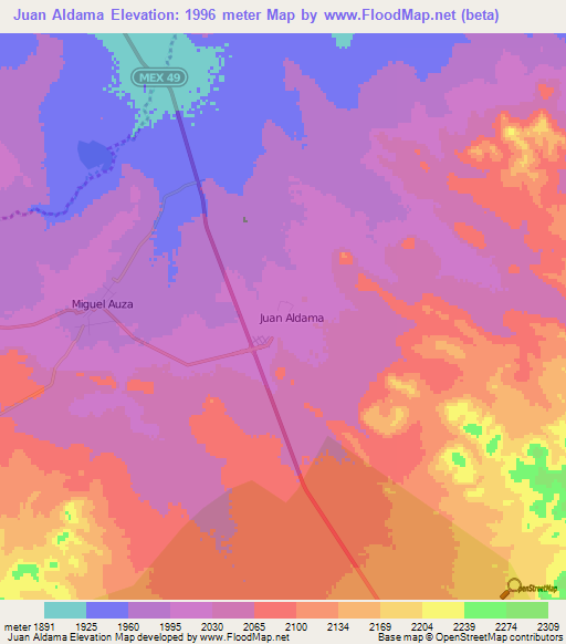 Juan Aldama,Mexico Elevation Map