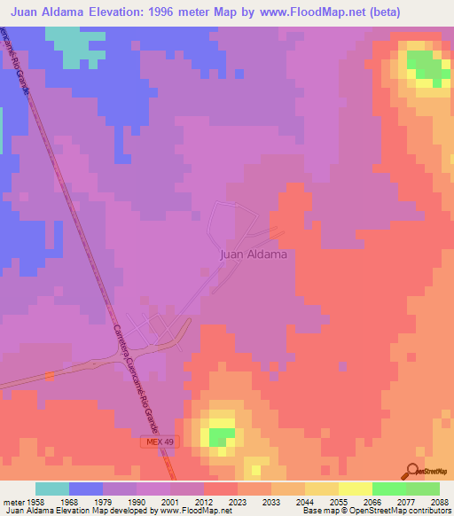 Juan Aldama,Mexico Elevation Map