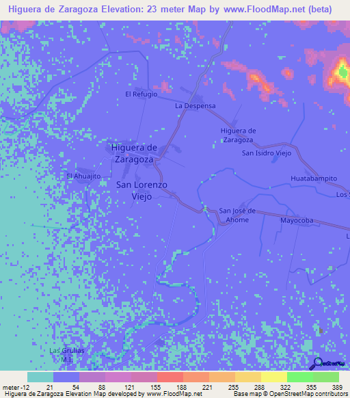 Higuera de Zaragoza,Mexico Elevation Map