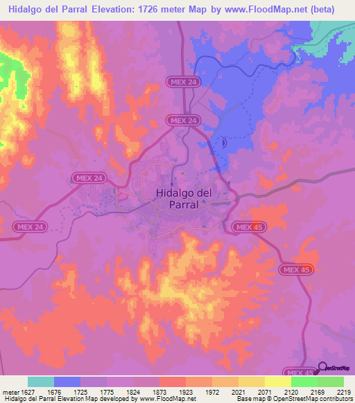 Hidalgo del Parral,Mexico Elevation Map