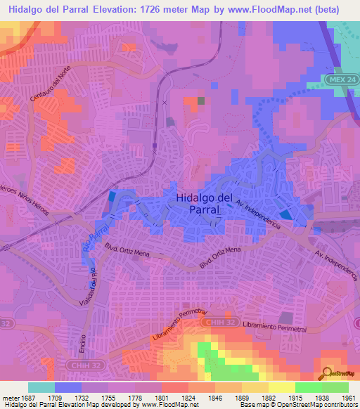 Hidalgo del Parral,Mexico Elevation Map