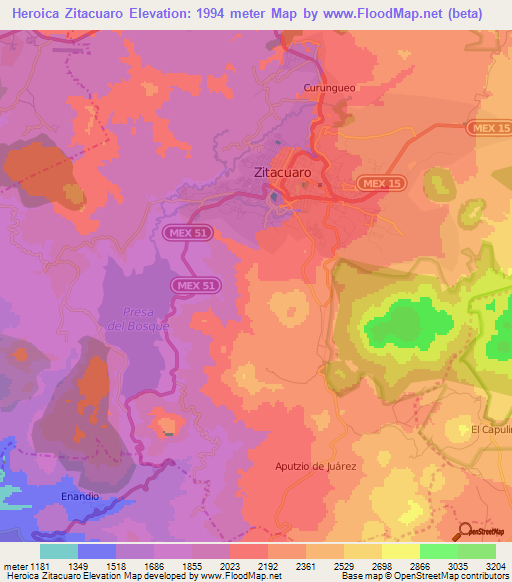 Heroica Zitacuaro,Mexico Elevation Map