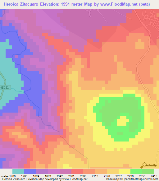 Heroica Zitacuaro,Mexico Elevation Map