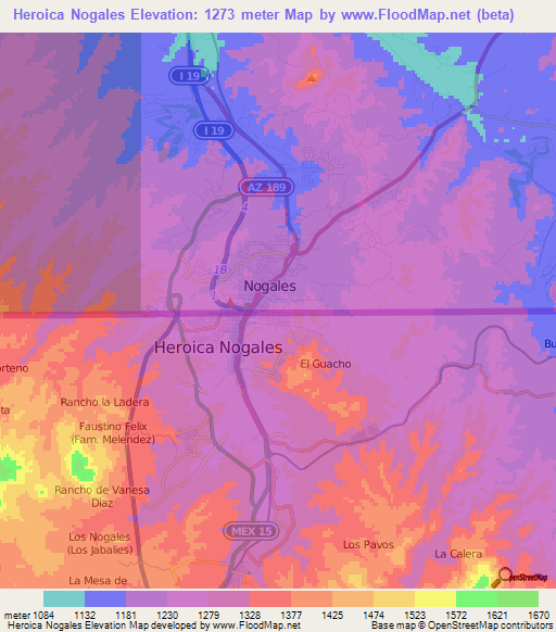 Heroica Nogales,Mexico Elevation Map