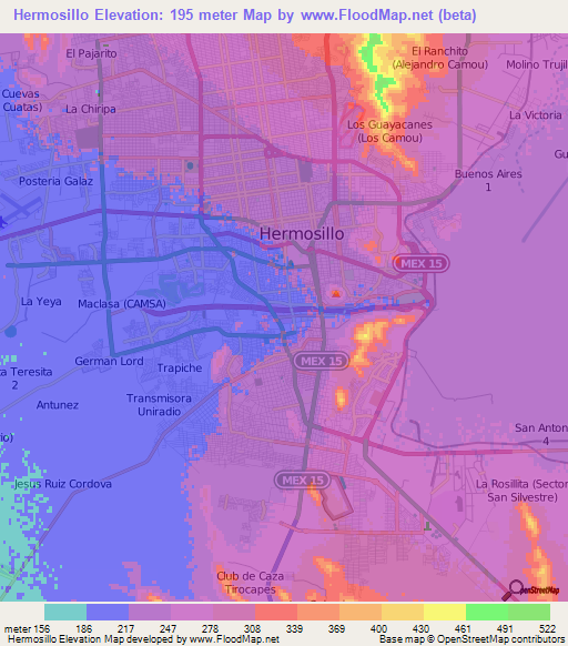 Hermosillo,Mexico Elevation Map