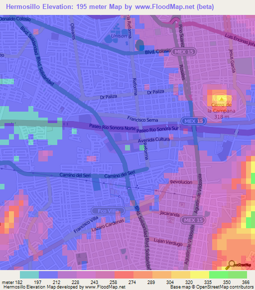 Hermosillo,Mexico Elevation Map