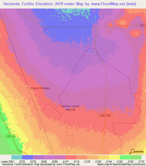 Hacienda Toribio,Mexico Elevation Map