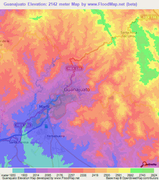 Guanajuato,Mexico Elevation Map