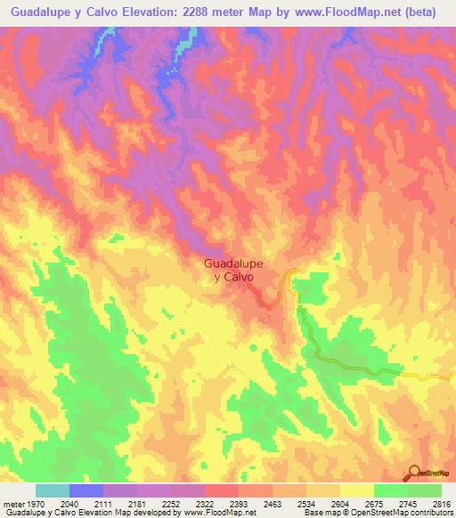 Guadalupe y Calvo,Mexico Elevation Map