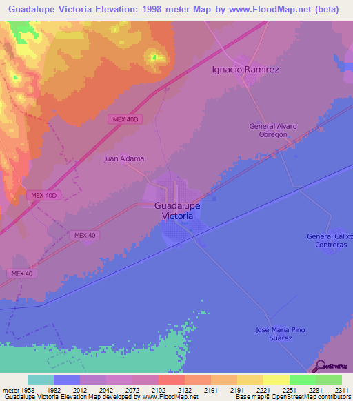 Guadalupe Victoria,Mexico Elevation Map