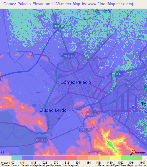 Gomez Palacio,Mexico Elevation Map