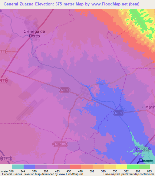 General Zuazua,Mexico Elevation Map