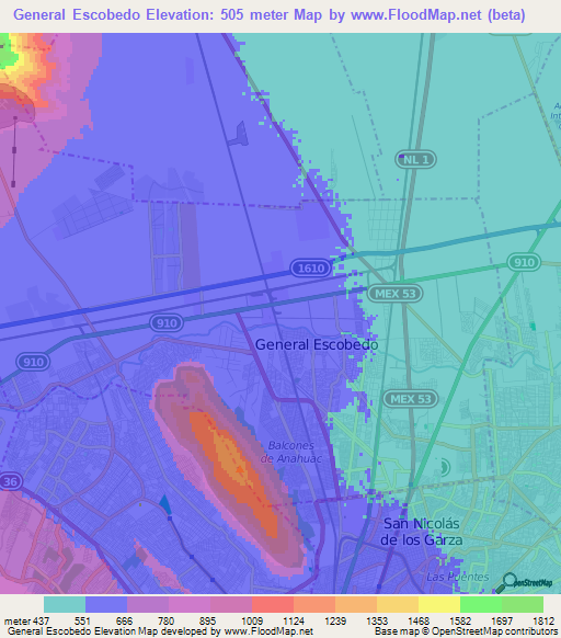 General Escobedo,Mexico Elevation Map