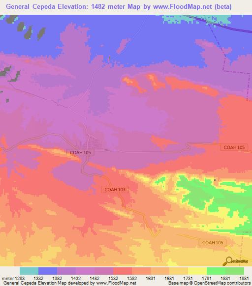 General Cepeda,Mexico Elevation Map