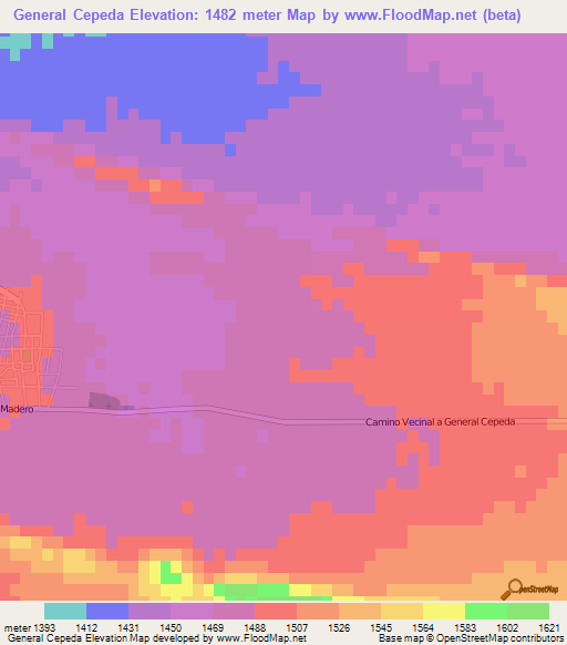 General Cepeda,Mexico Elevation Map