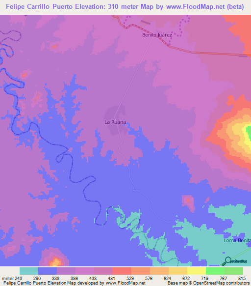 Felipe Carrillo Puerto,Mexico Elevation Map