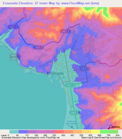 Ensenada,Mexico Elevation Map