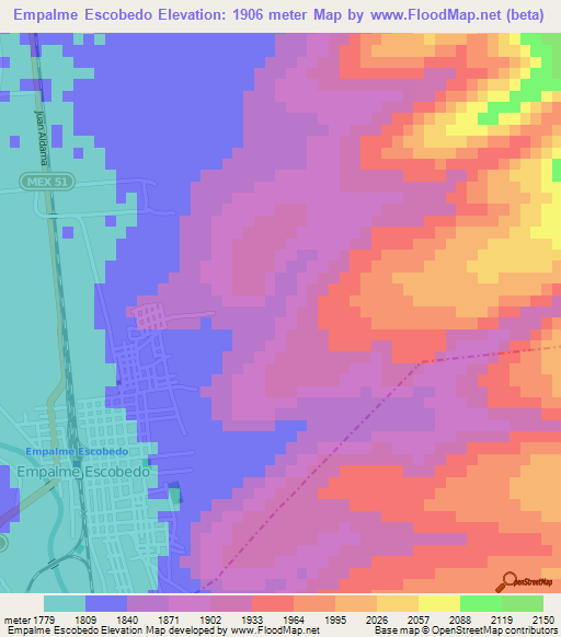 Empalme Escobedo,Mexico Elevation Map