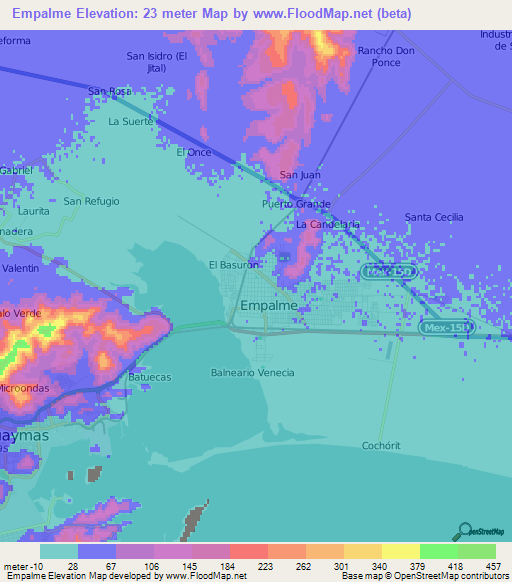 Empalme,Mexico Elevation Map