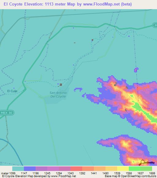 El Coyote,Mexico Elevation Map