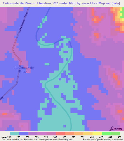 Cutzamala de Pinzon,Mexico Elevation Map