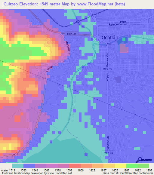 Cuitzeo,Mexico Elevation Map