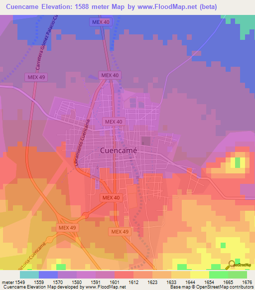 Cuencame,Mexico Elevation Map