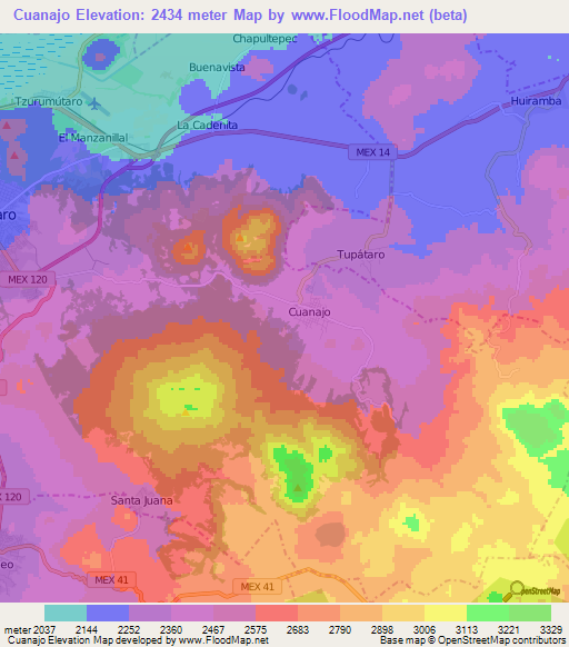 Cuanajo,Mexico Elevation Map