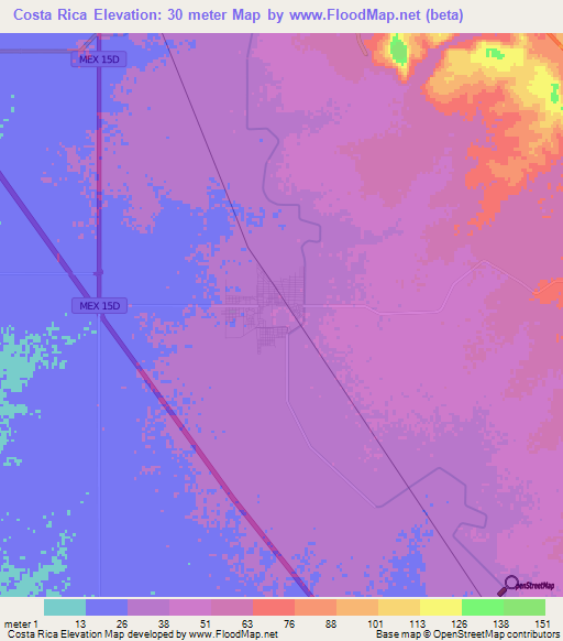 Costa Rica,Mexico Elevation Map