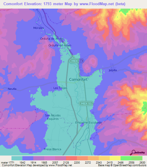 Comonfort,Mexico Elevation Map