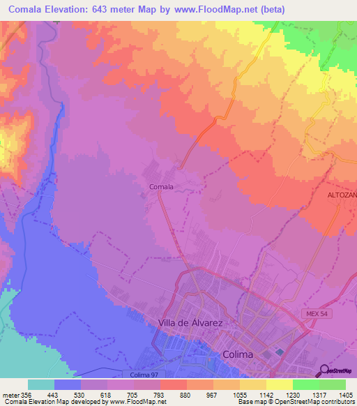 Comala,Mexico Elevation Map