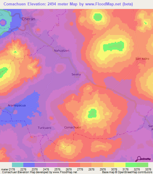 Comachuen,Mexico Elevation Map