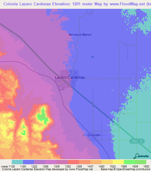 Colonia Lazaro Cardenas,Mexico Elevation Map