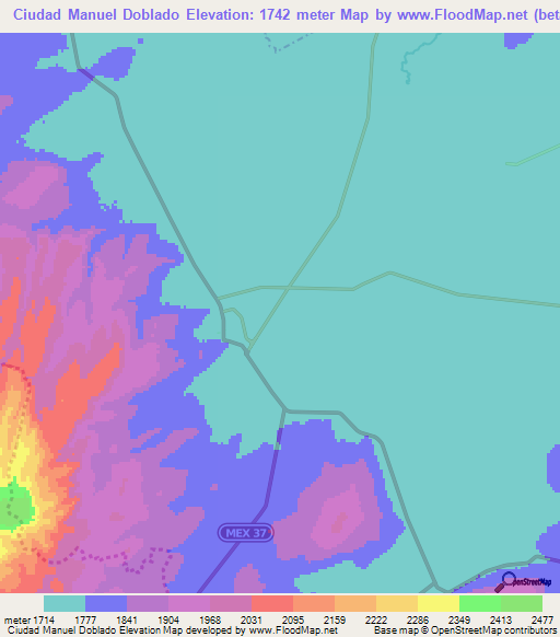 Ciudad Manuel Doblado,Mexico Elevation Map