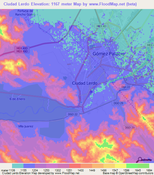 Ciudad Lerdo,Mexico Elevation Map