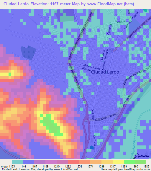 Ciudad Lerdo,Mexico Elevation Map