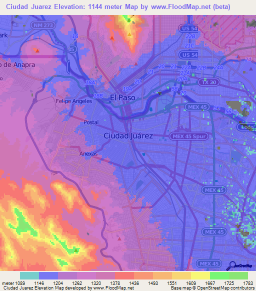 Ciudad Juarez,Mexico Elevation Map