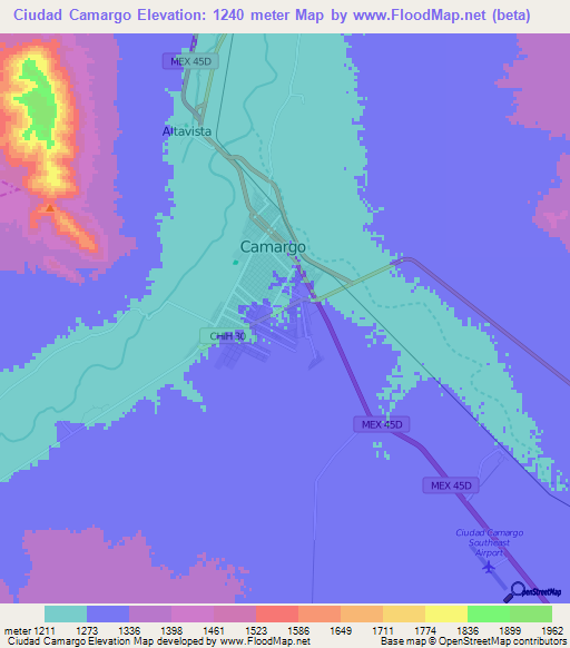 Ciudad Camargo,Mexico Elevation Map