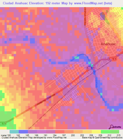 Ciudad Anahuac,Mexico Elevation Map