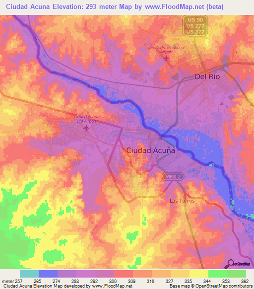 Ciudad Acuna,Mexico Elevation Map