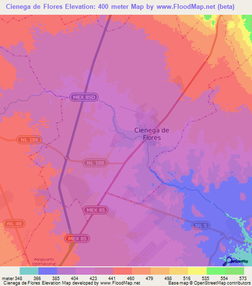 Cienega de Flores,Mexico Elevation Map