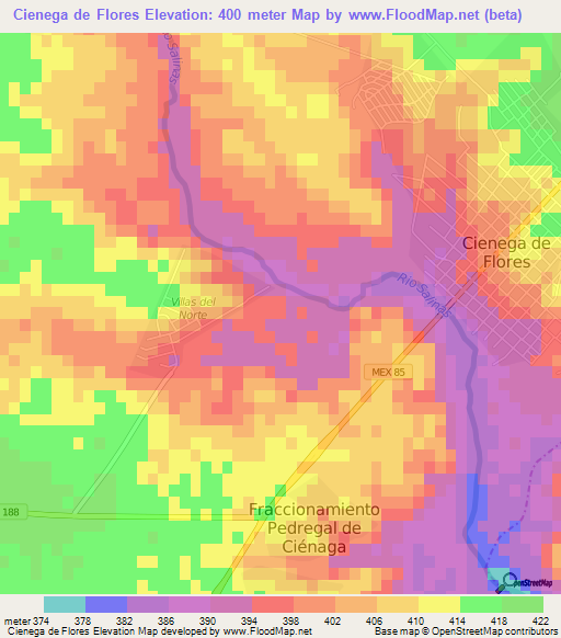 Cienega de Flores,Mexico Elevation Map