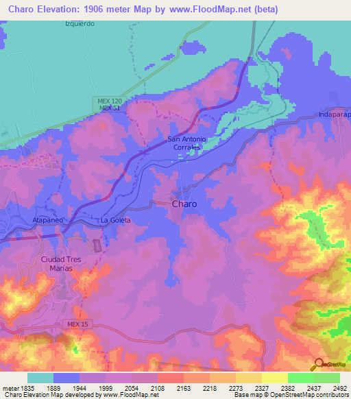 Charo,Mexico Elevation Map