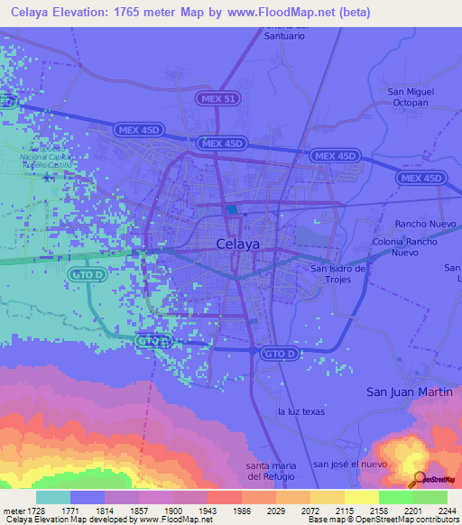 Celaya,Mexico Elevation Map