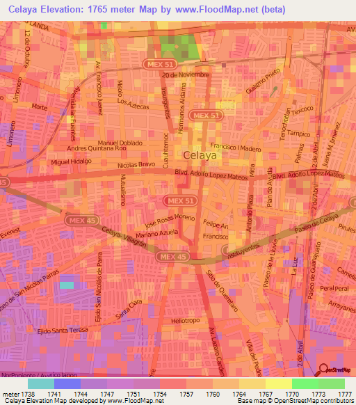 Celaya,Mexico Elevation Map