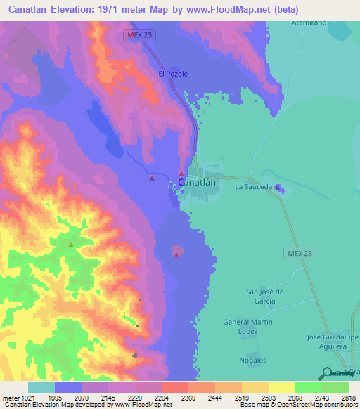 Canatlan,Mexico Elevation Map