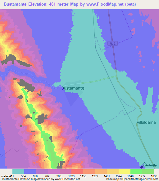 Bustamante,Mexico Elevation Map